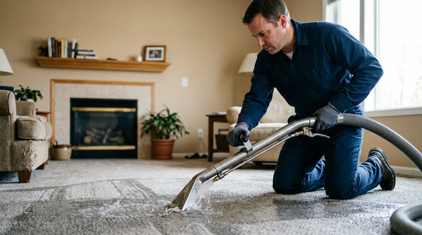 Water damage restoration technician working in a home in Kentucky